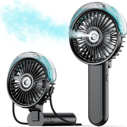 Portable misting fan 180 degree foldable handheld personal fan with mist spray 3 speeds water tank USB rechargeable for travel outdoors makeup camping home and office use