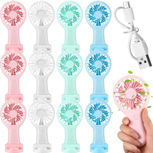 12 pcs mini USB handheld fan bulk 3 speed USB electric battery operated small portable pocket fan with data cable and mounting base quiet summer gift for wedding camping travel